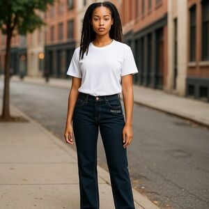 VTG MKS Women’s 6 Dark Blue Bootcut Mid Rise Monogram Leather Pockets Denim
